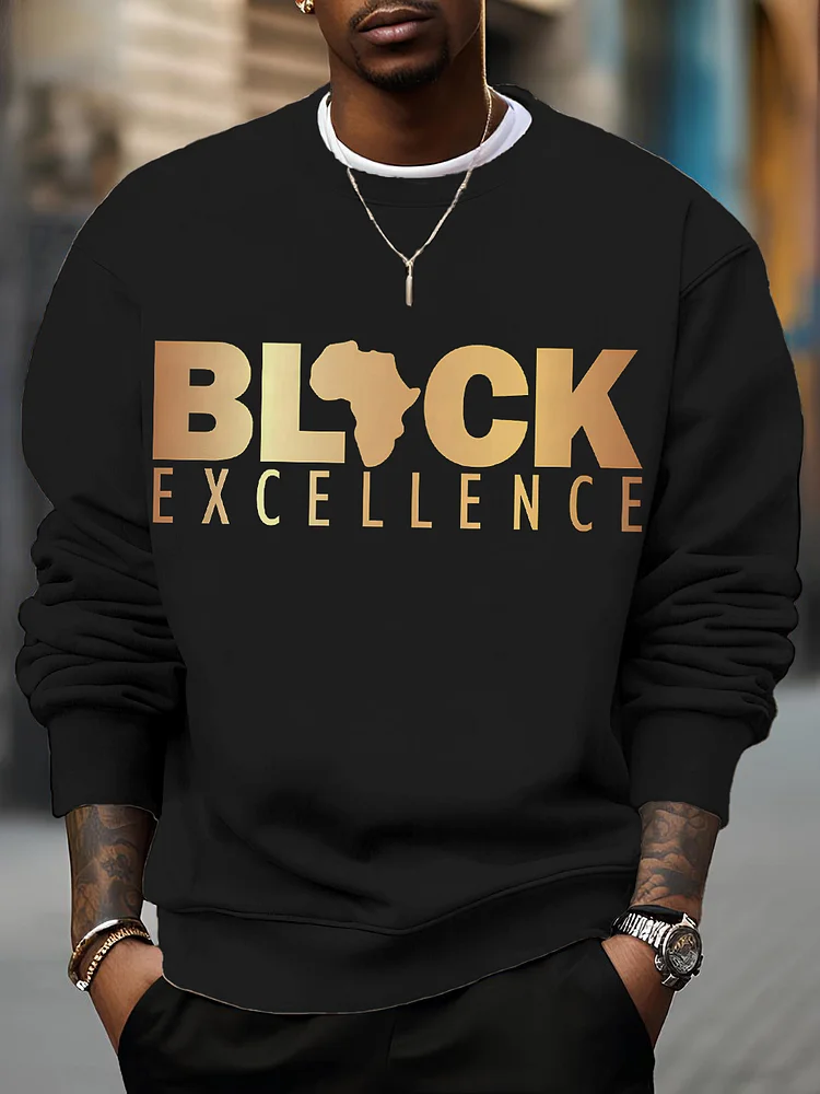Men's Slogan Black Map Excellence Print Cotton Casual Sweatshirt