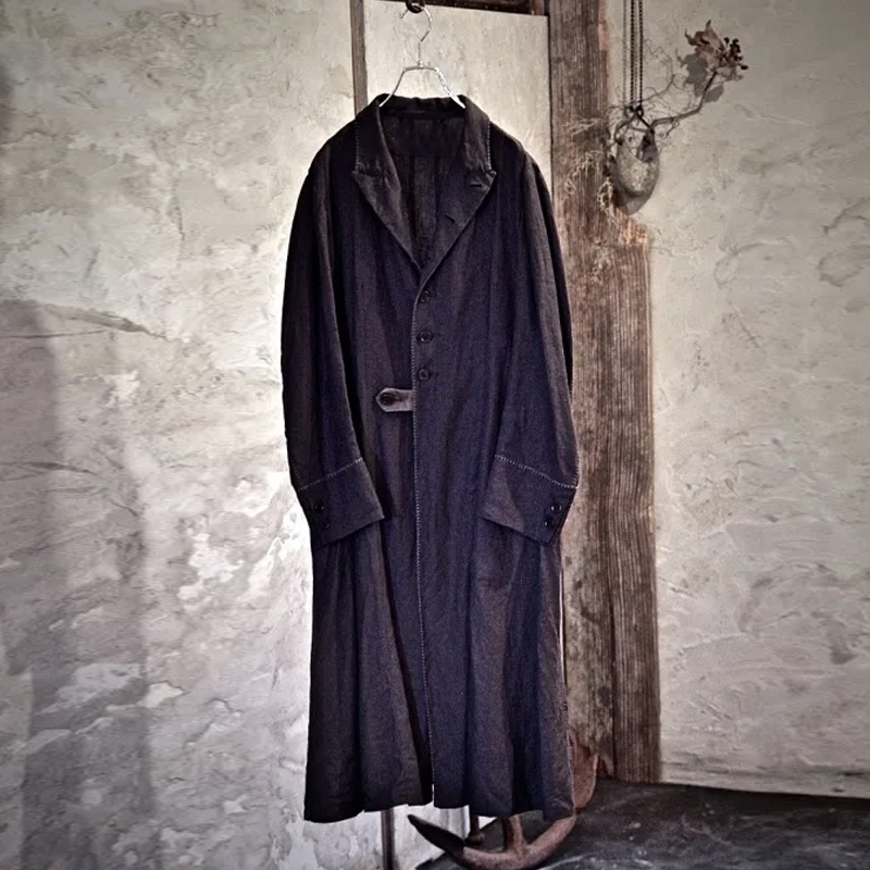Vintage Dark Blue Mid-Length Single-Breasted Coat