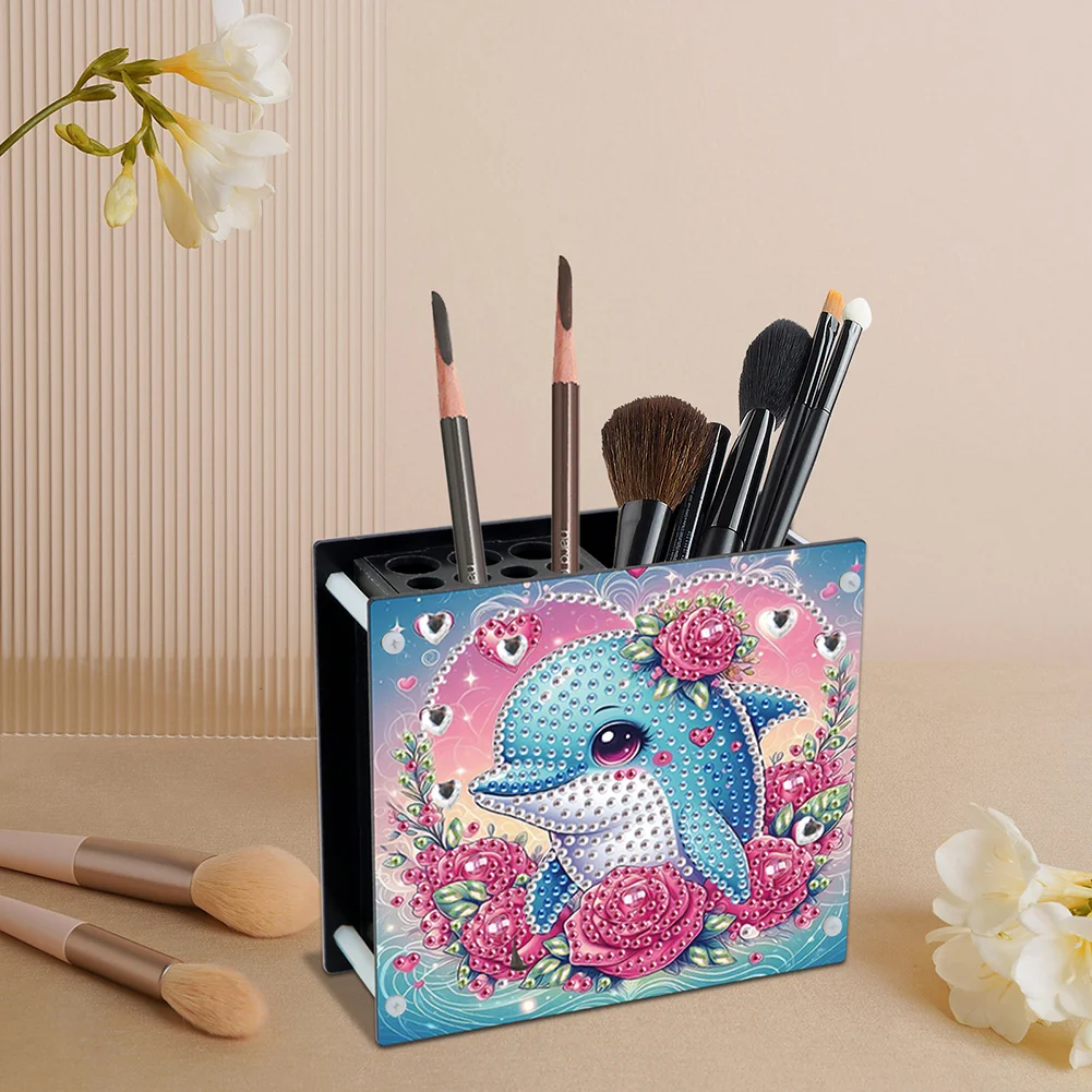DIY Dolphin Special Shaped Diamond Painting Acrylic Pencil Holder Organizer