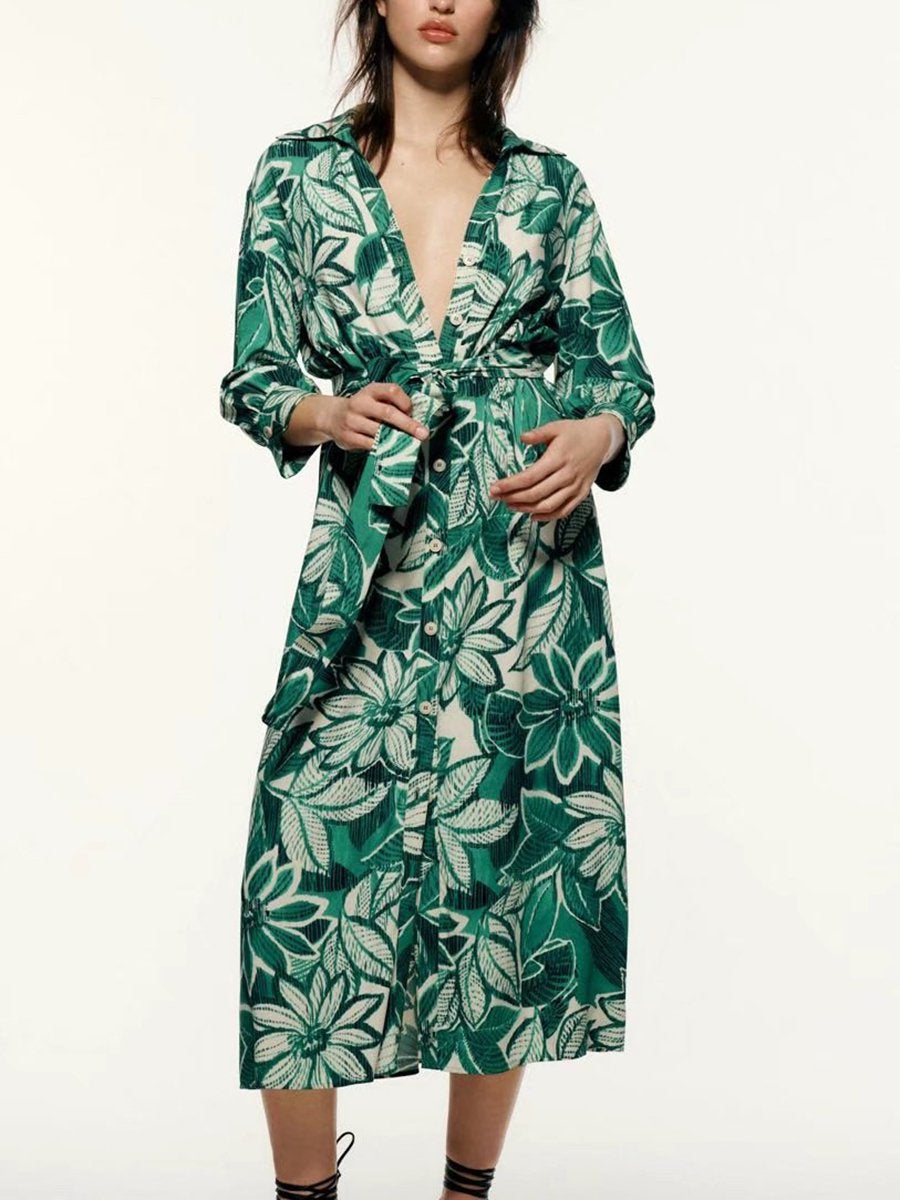 V Neck 3/4 Sleeves Floral Pattern Midi Dress