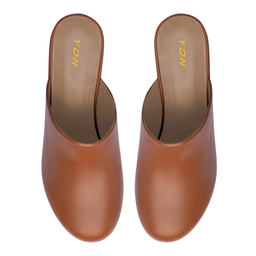 Brown Vegan Leather Round Toe Women's Platform Mules Shoes
