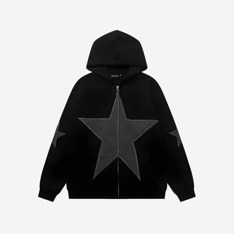 Brownm Star Patch Zip-Up Hoodie