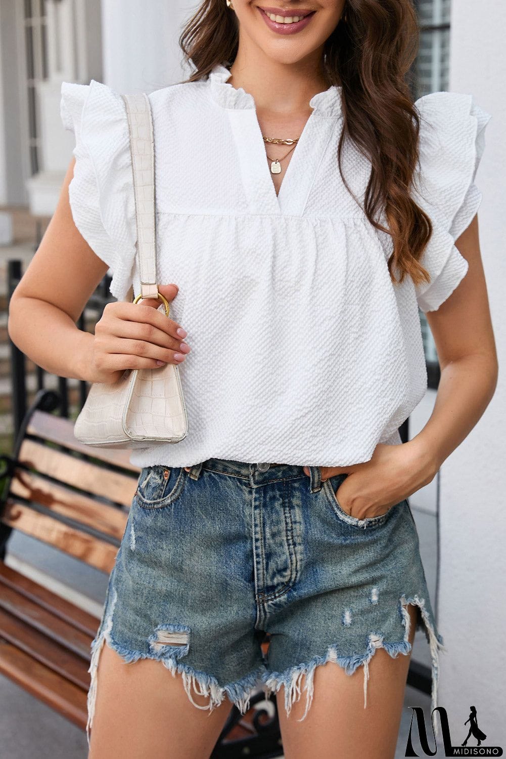 MidiSono - White Ruffle Flutter Notch Neck Top