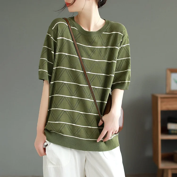Summer Casual Stylish Stripe Elastic Knitted T-Shirt