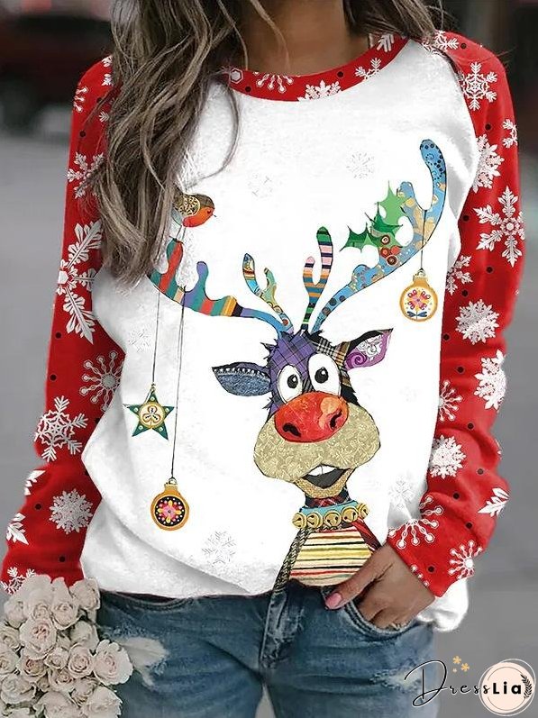 Women's T-Shirts Christmas Elk Crew Neck Long Sleeve Casual T-Shirt
