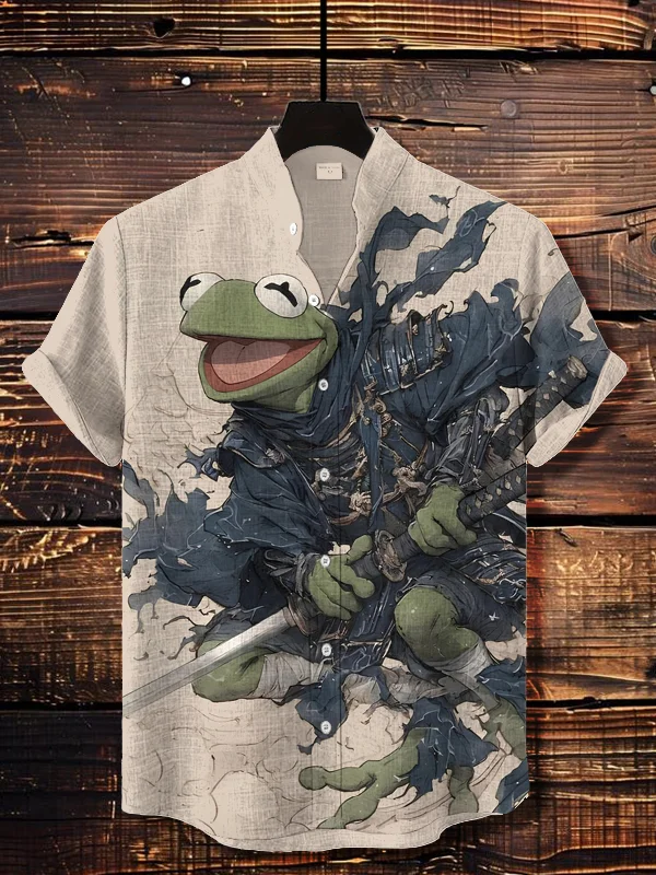 Men's Japanese Frog Samurai Print Short Sleeve Shirt