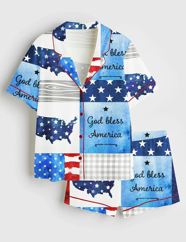 Women&rsquo;s Fourth Of July Red White Blue USA Flag America God Bless America Land that I Love Short Sleeve Satin Pajama Set