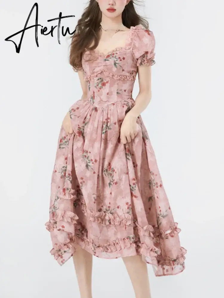 Aiertu Summer Print Floral France Vintage Dress Women Puff Sleeve Evening Party Midi Dress Female Lace Elegant Sweet Fairy Dress Aiertu