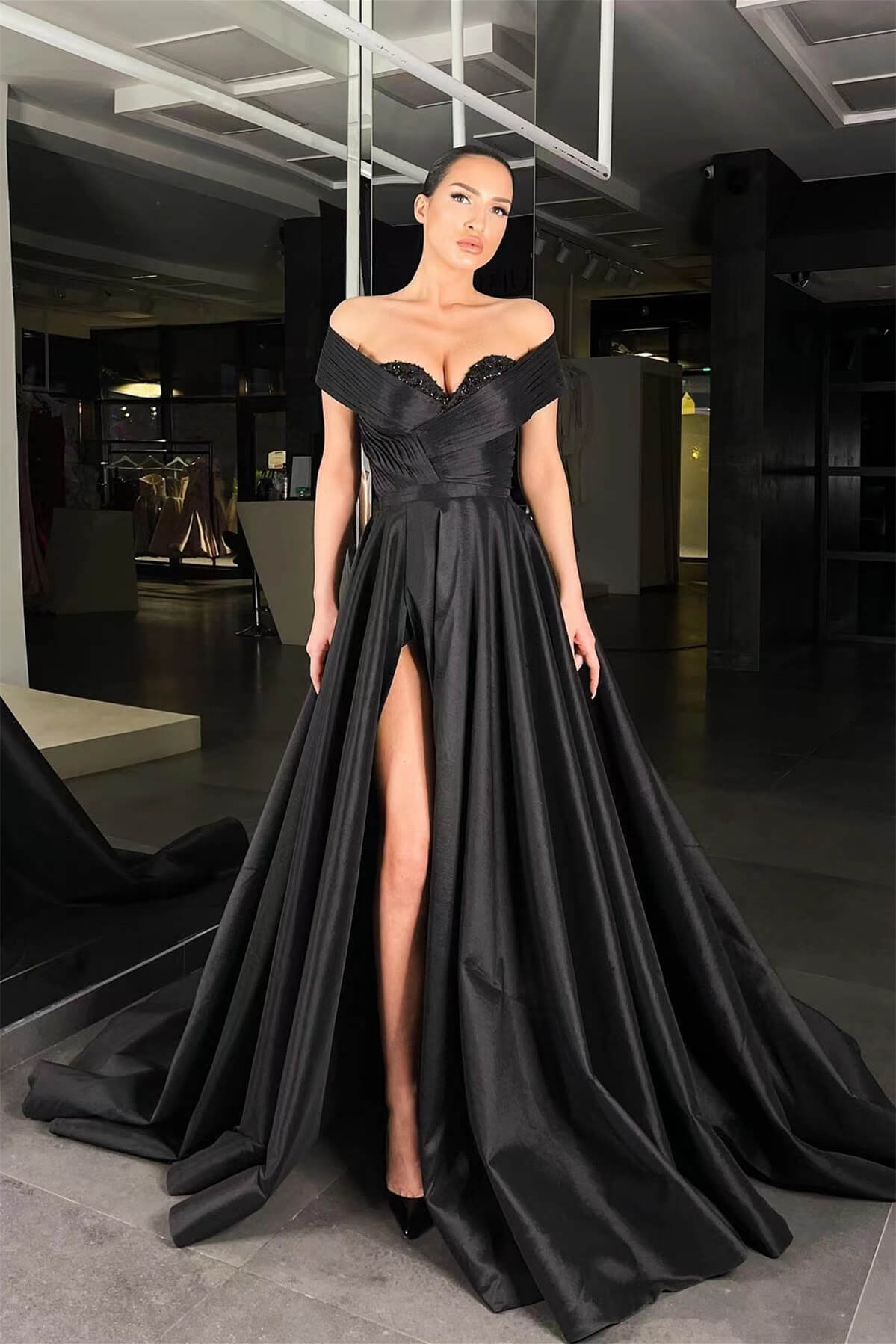Bellasprom Black Off-the-Shoulder Prom Dress Split Long With Beads Bellasprom