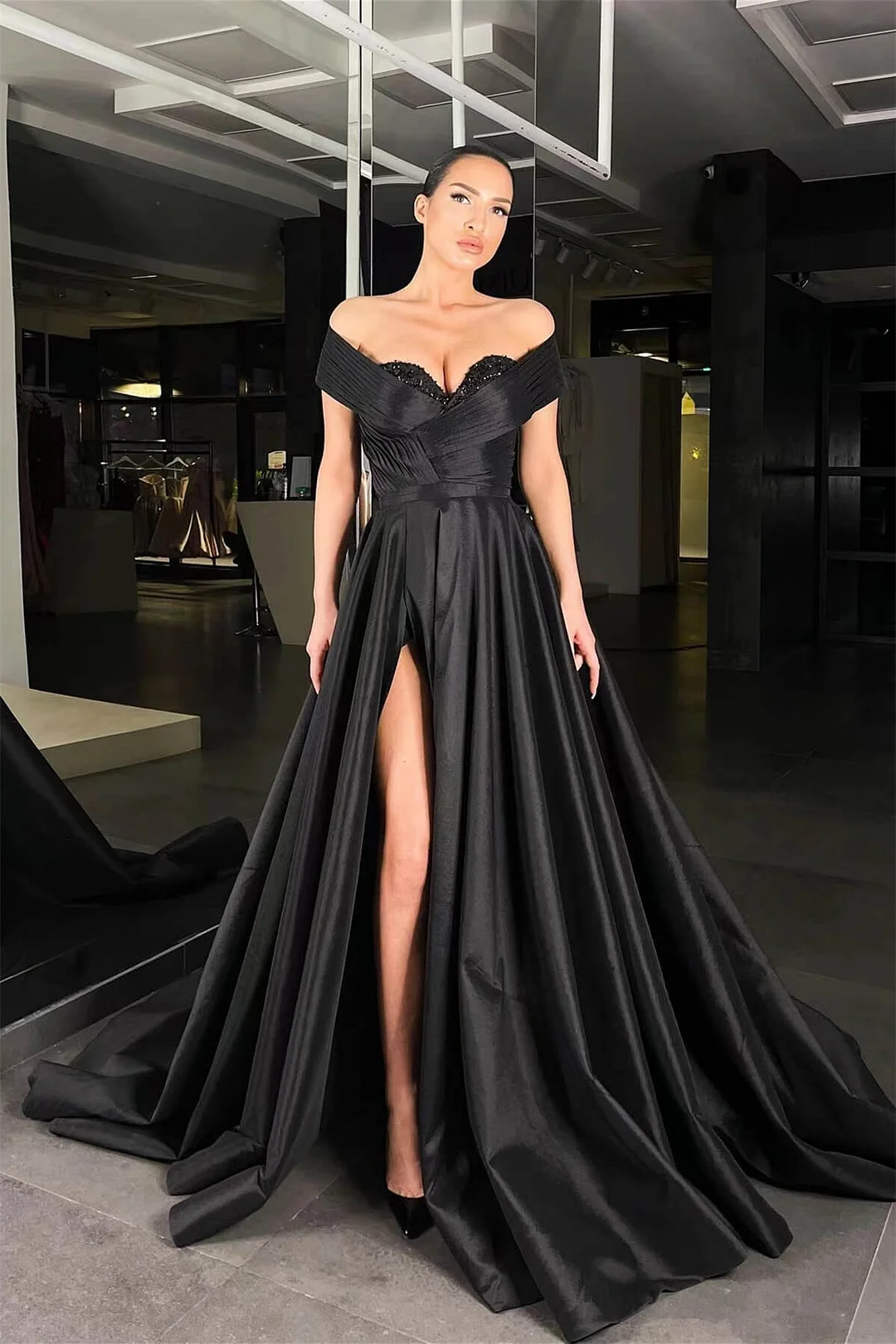 Bellasprom Black Off-the-Shoulder Prom Dress Split Long With Beads