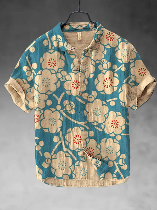 Men's Retro Japanese Art Sakura Print Short Sleeve Shirt