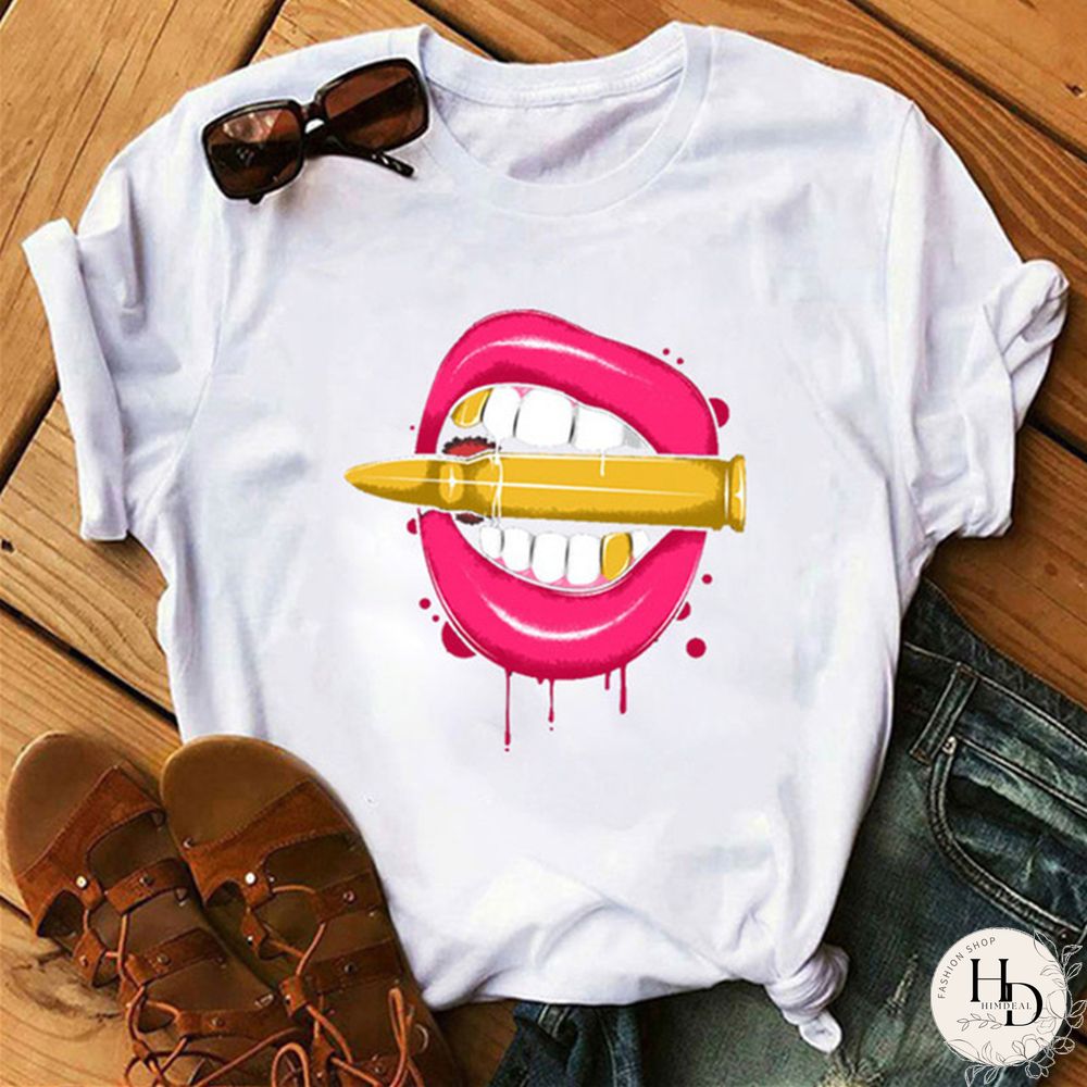 White Rose Red Fashion Casual Lips Printed Basic O Neck Tops
