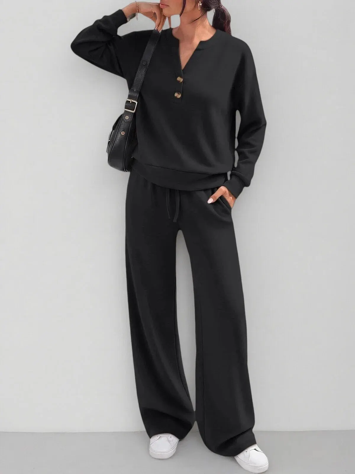 Women's Long Sleeve Top & Drawstring Wide Leg Pants 2 Piece Outfit