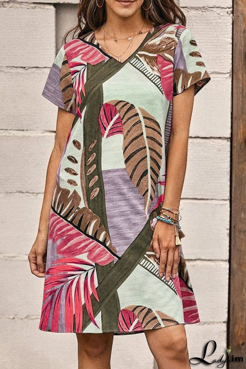 Fashion Casual Print Split Joint V Neck A Line Dresses