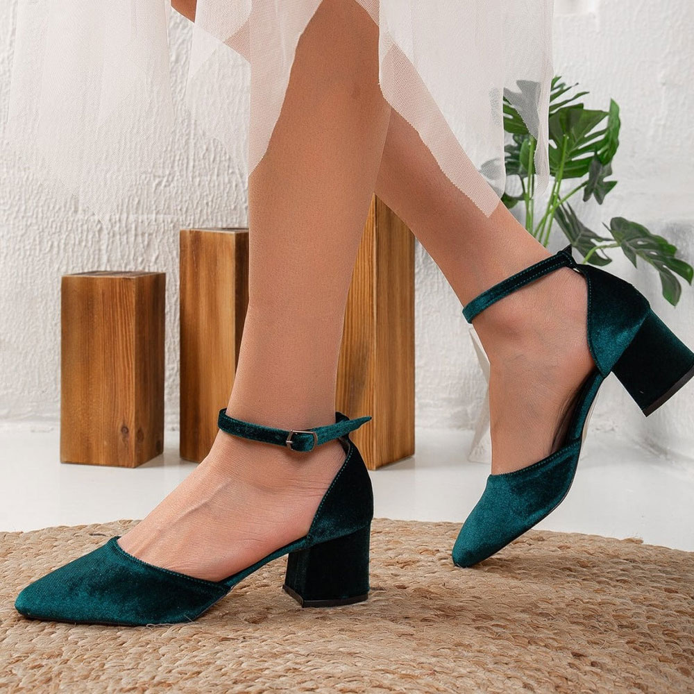 Green Velvet Almond Toe Block Heel Buckle Ankle Strap Pumps for Women Nicepairs