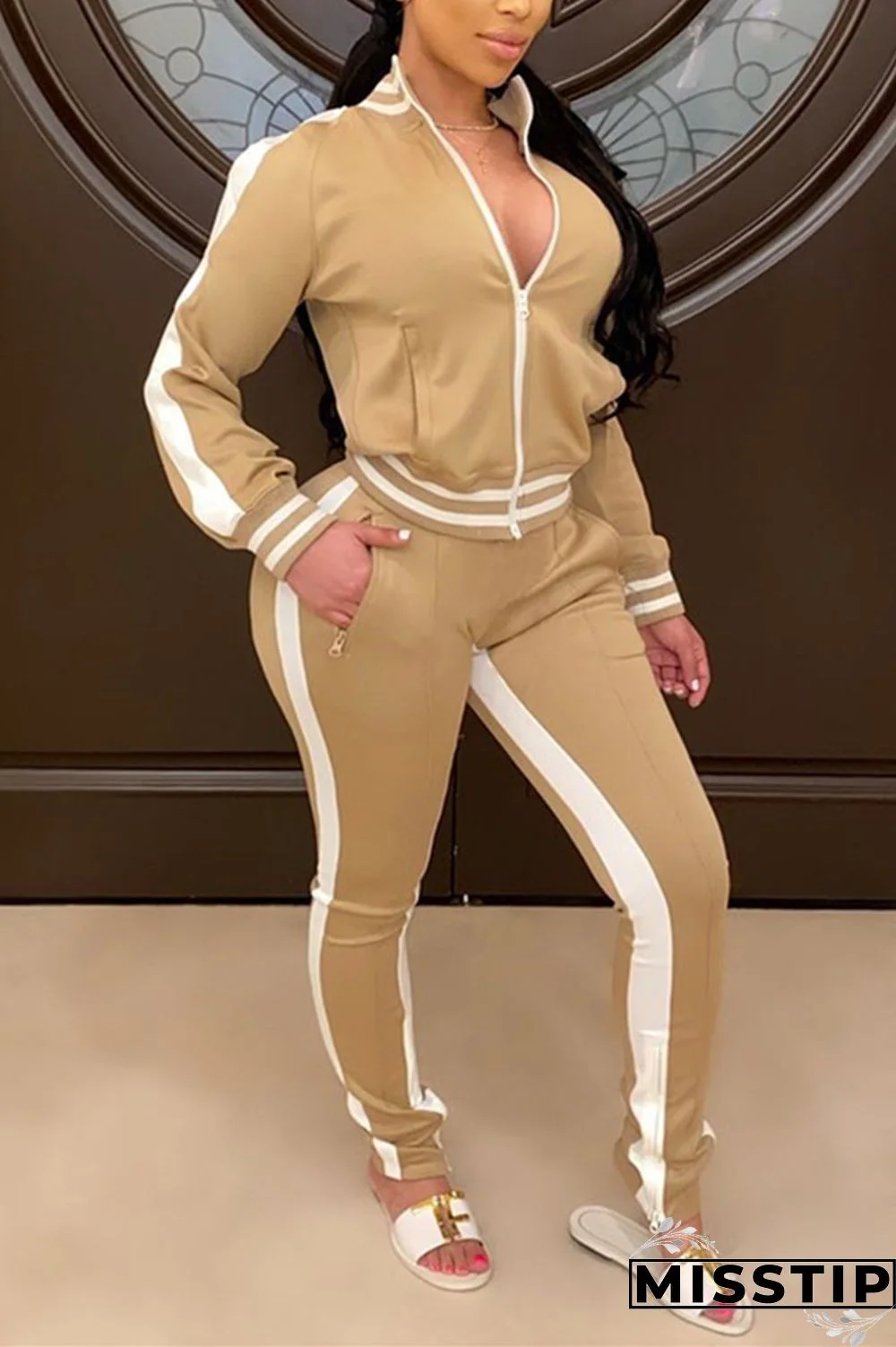 Khaki Fashion Casual Stitching Long Sleeve Sports Set