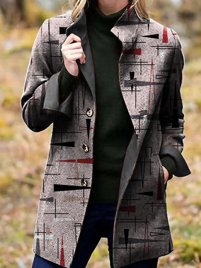 Fashion Casual Color Contrast Geometric Print Woolen Coat