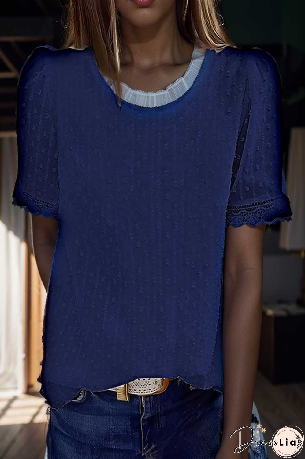 solid chiffon round neck short sleeve top