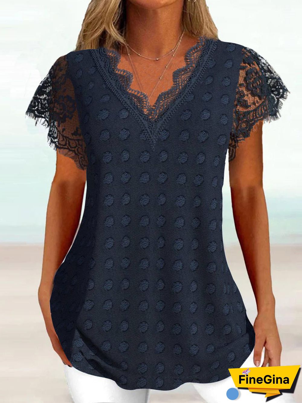 Women Short Sleeve V-neck Graphic Lace Printed Top