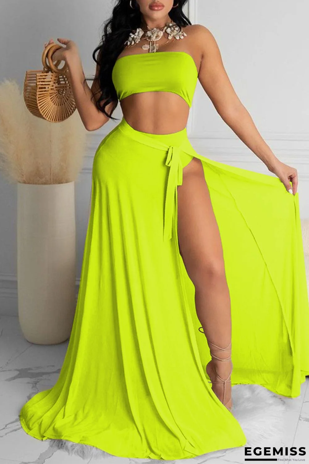Fluorescent Green Fashion Sexy Solid Backless Swimwears Three-piece Set | EGEMISS