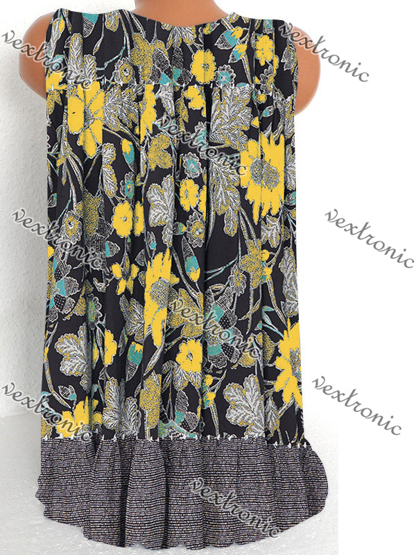 Women's Sleeveless Floral Printed Printed V-neck Tops T-shirt