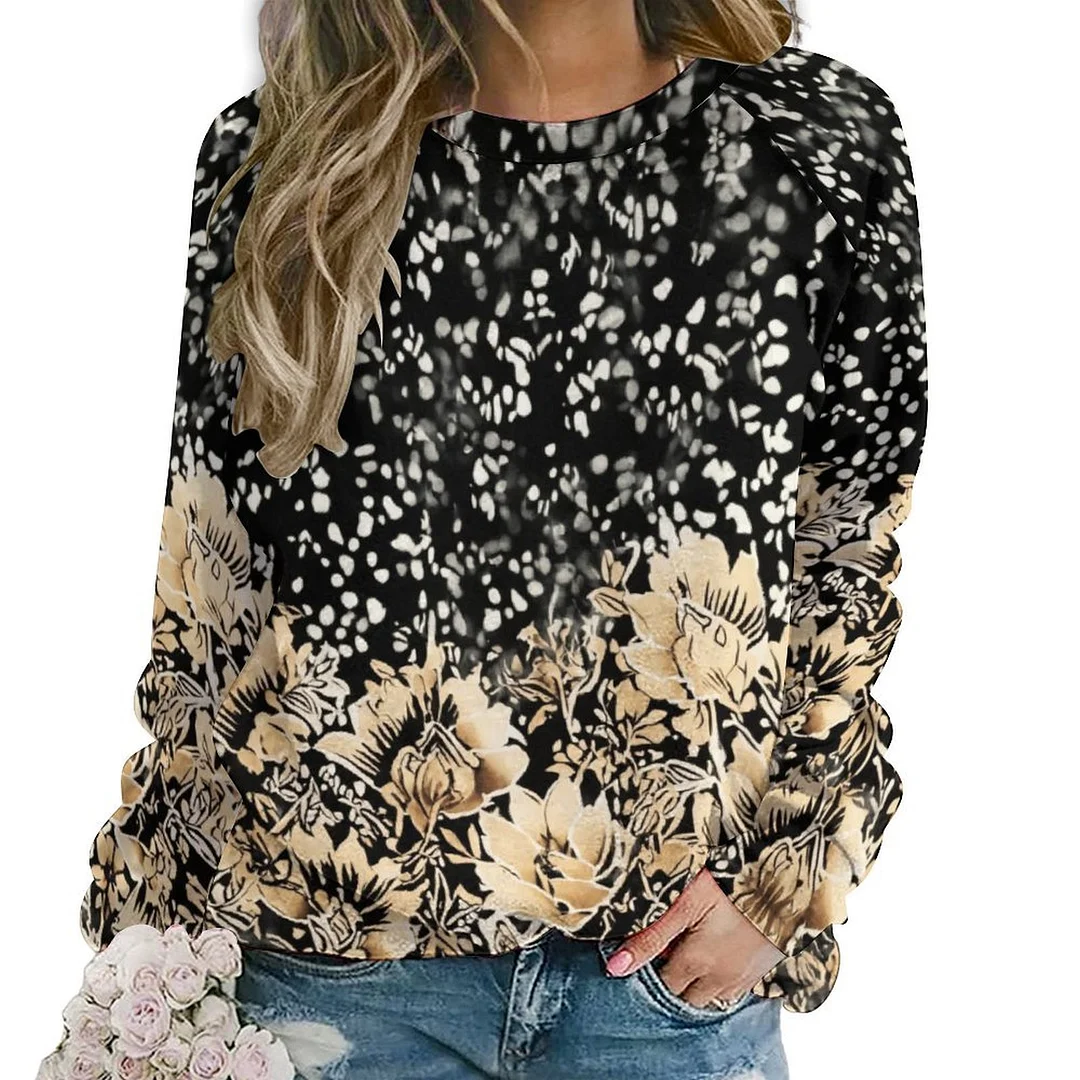 Printed Long Sleeve Casual Sweatshirt for  Women and Men Unisex Pattern Beige, Black, Floral