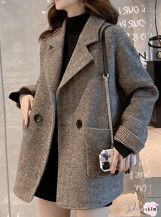 Single-breasted Double-pocket Loose Woolen Coat