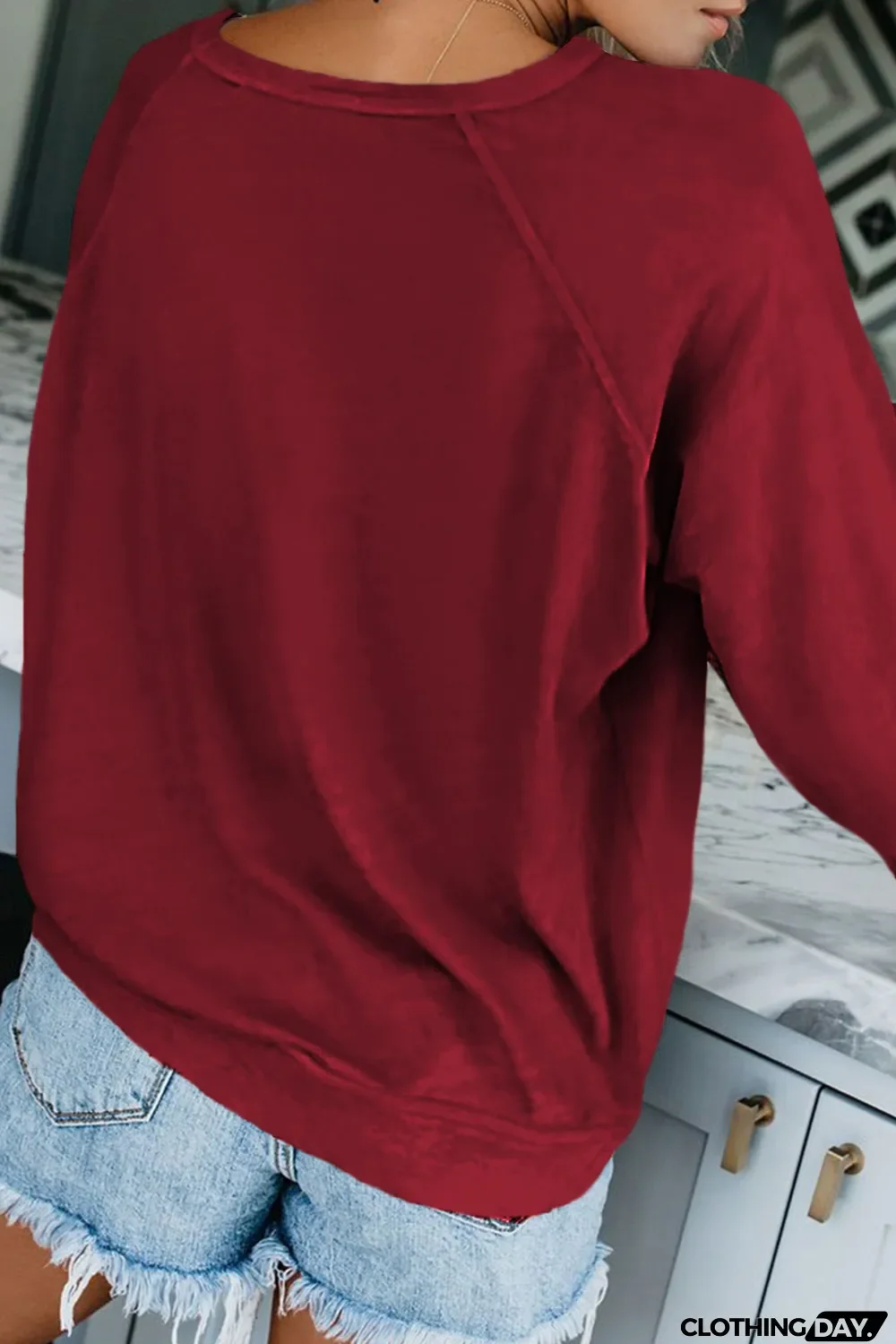 Blank Apparel - Wine Red Solid Crew Neck Pullover Sweatshirt