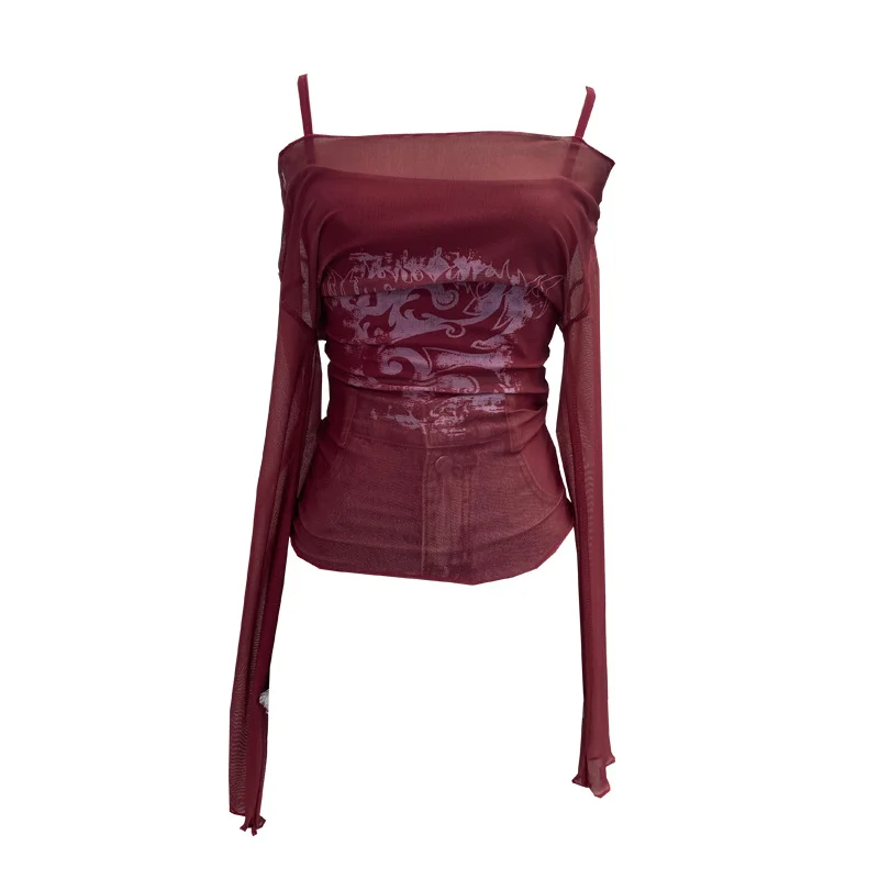 Churchf Real Shooting Spice Girls Shoulder Mesh Sun Hooded Sling Sling Long-Sleeved T-Shirt Top Two Sets Of Women 8862