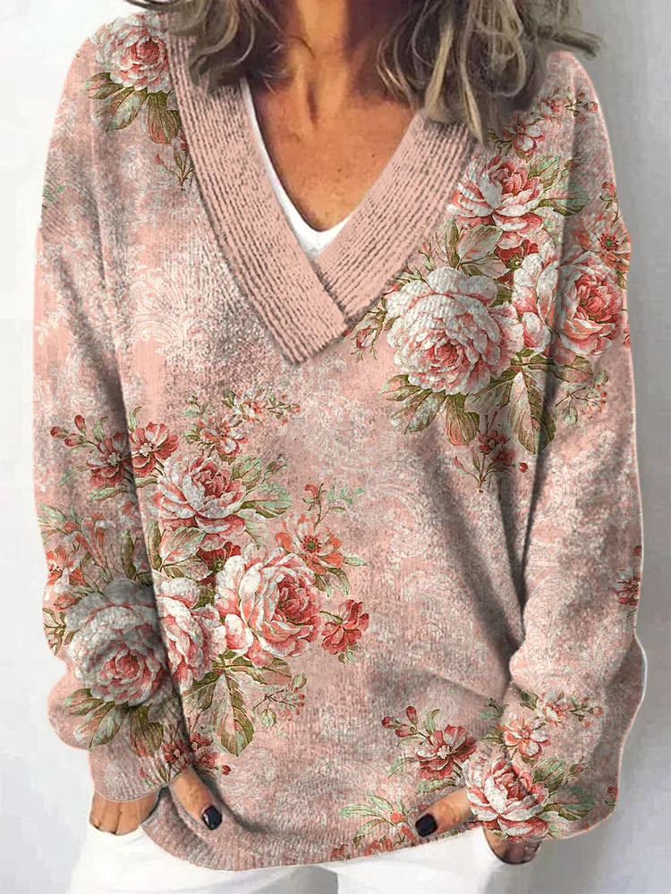 Elegante retro Boho arte impreso con cuello en V Casual c&oacute;modo de manga larga suelta sudadera