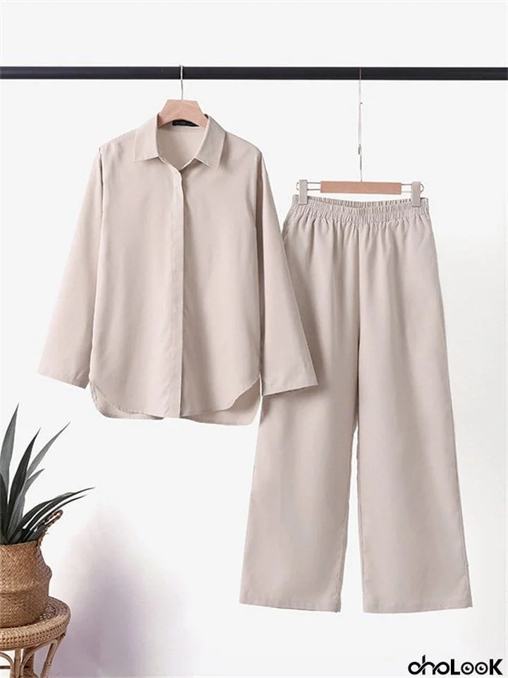 Super Soft Cotton Linen Lapel Long Sleeve Female Shirt+Loose Pants