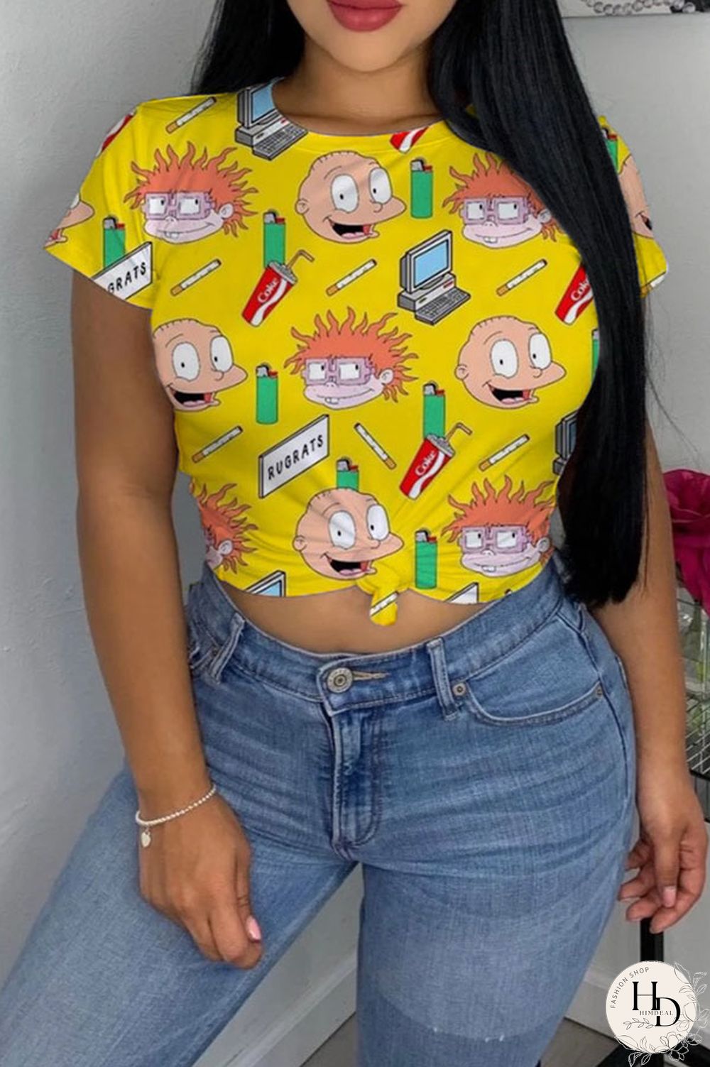 cartoon Green Yellow cartoon Multi-color purple Polyester O Neck Short Sleeve Patchwork Print Character Tops