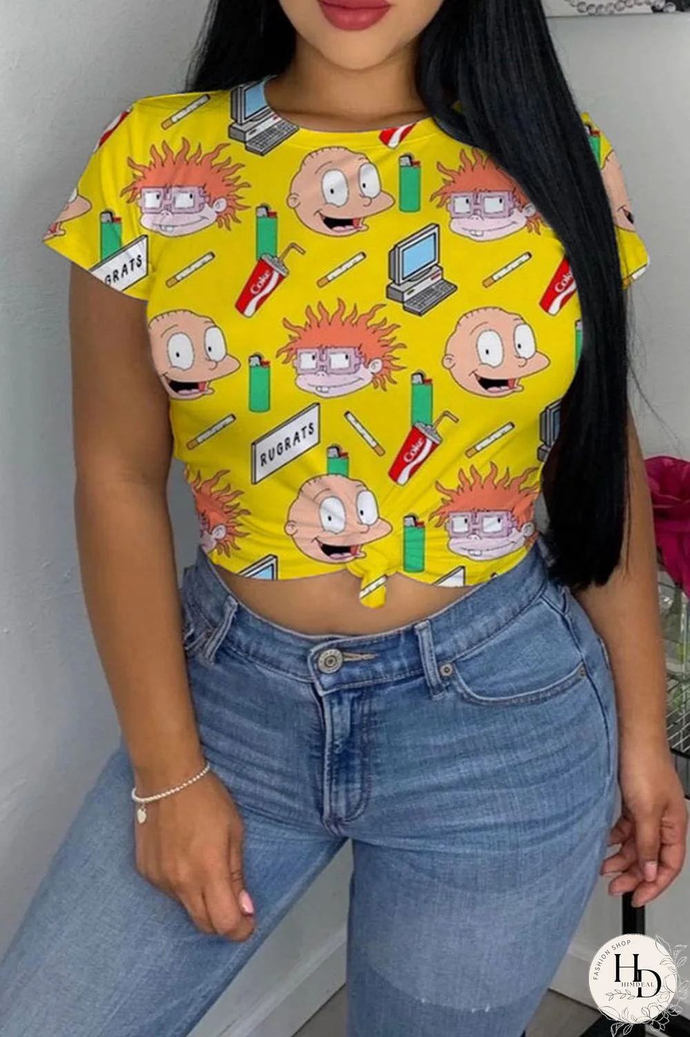 cartoon Green Yellow cartoon Multi-color purple Polyester O Neck Short Sleeve Patchwork Print Character Tops