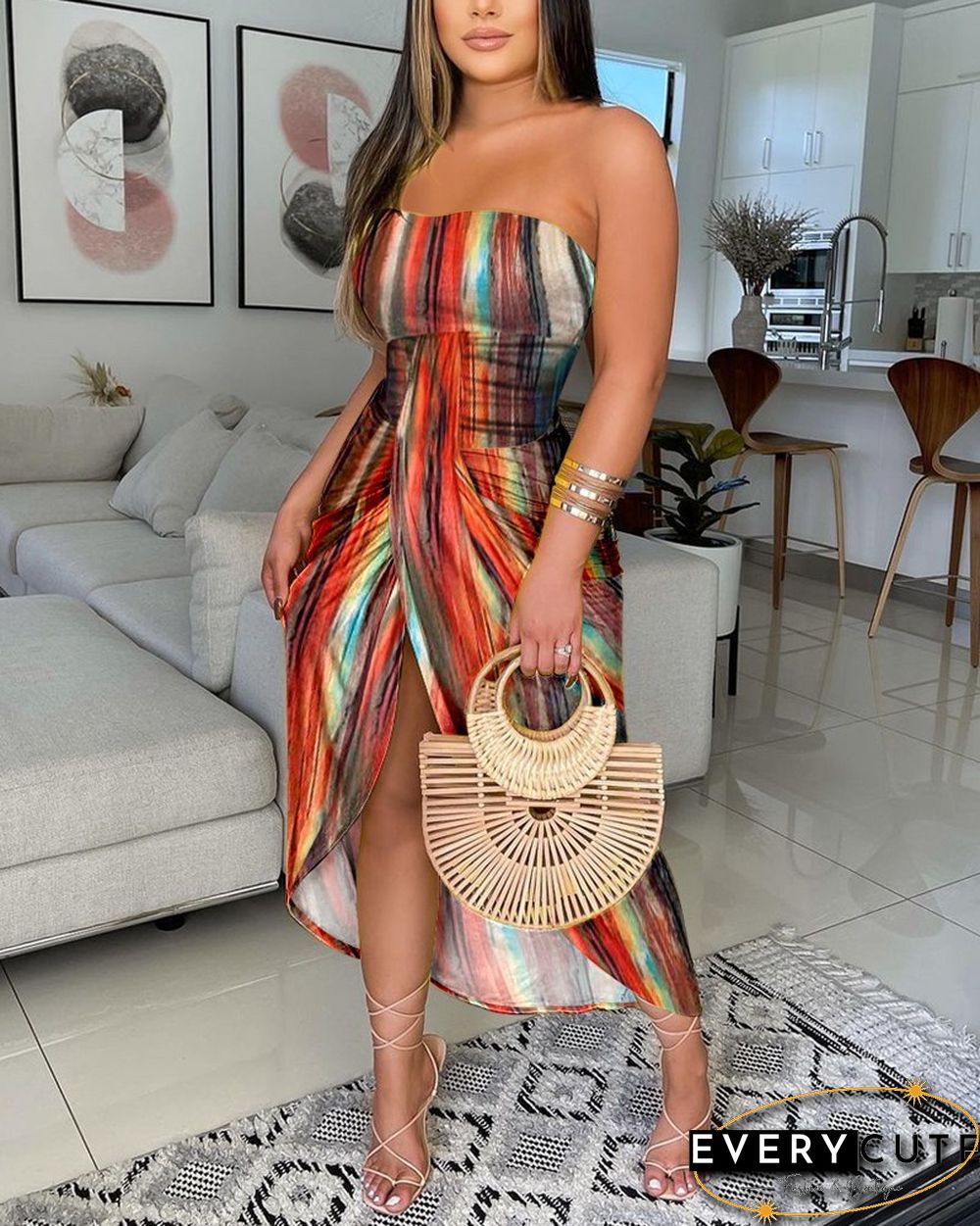 Multi-color Print Colorblock Bandeau Twisted Ruched Slit Dress