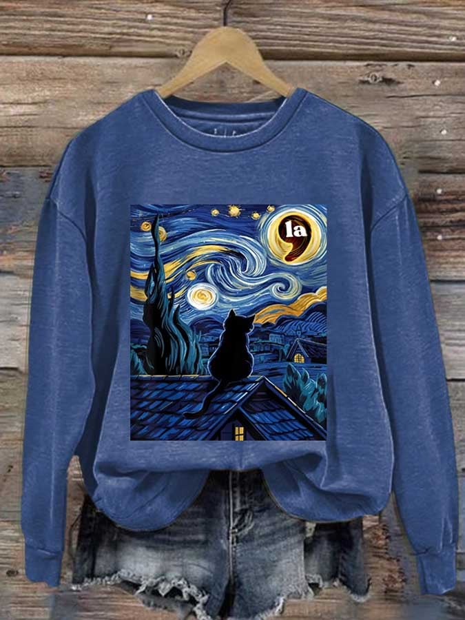 Retro Cat LA Starry Night Print Sweatshirt