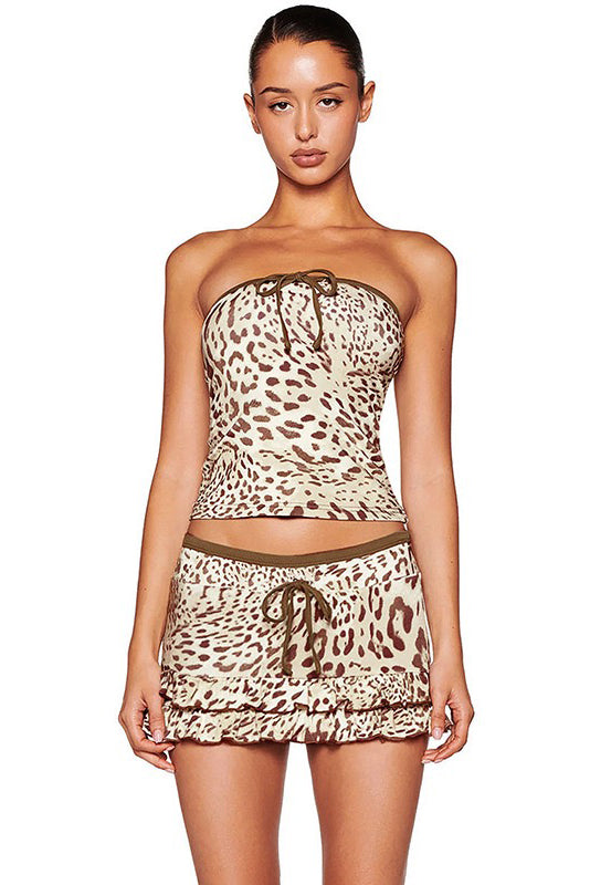 Leopard Printed Tube Top & Mini Skirt Two Piece Set