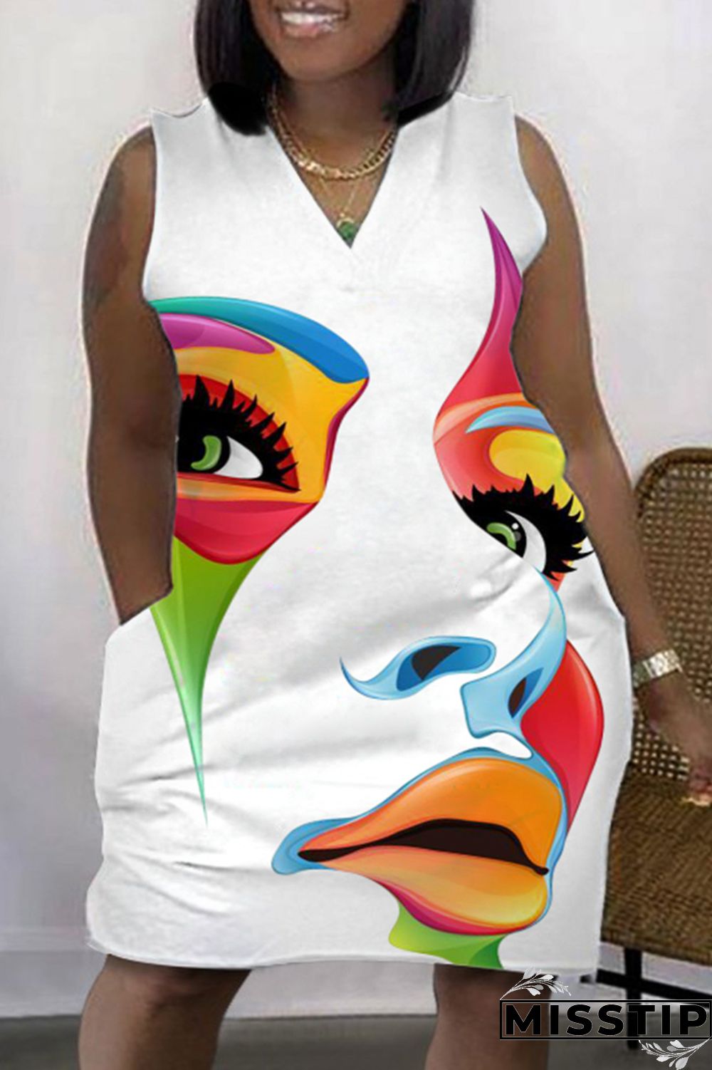 Green Fashion Casual Print Patchwork V Neck Sleeveless Plus Size Dress