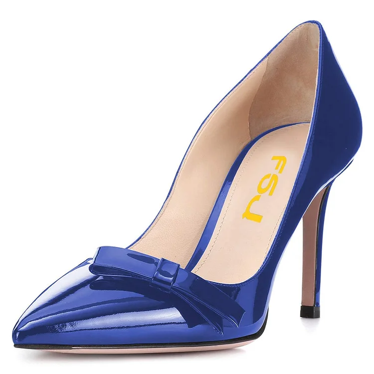 Blue Mirror Leather Bow Stiletto Heels Pumps |FSJ Shoes