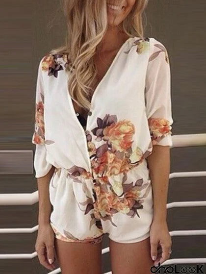 Fashion Street Deep V Neck Big Floral Print Romper