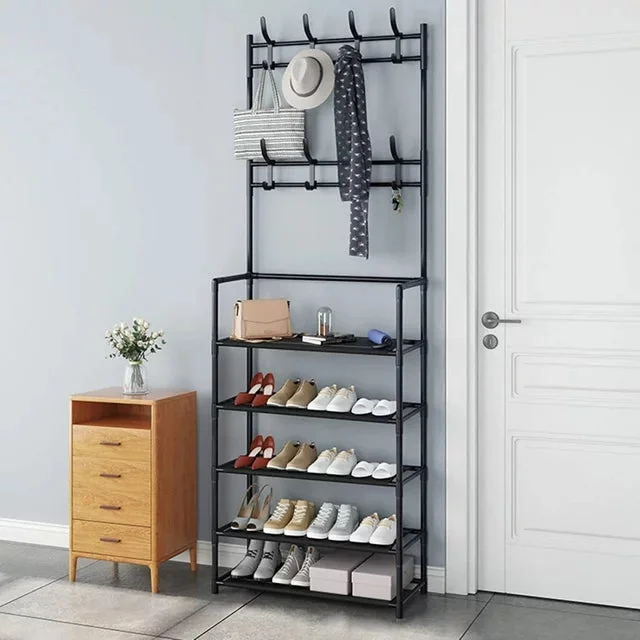 3-in-1 Entryway Coat Rack with Shoe Rack, 31*10*65 inches Coat Clothes Rack Shoe Storage Bench, Multipurpose Hat and Shoe Storage Rack with 5-Tier 8 Hooks, Suitable for Hat, Clothes, Shoes, Key