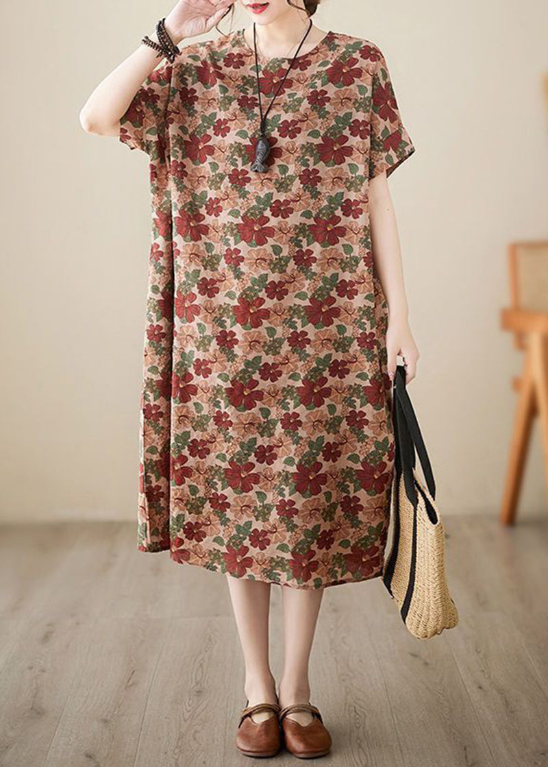 VCSHOES Coffee O-Neck Floral Print Cotton Dresses Short Sleeve