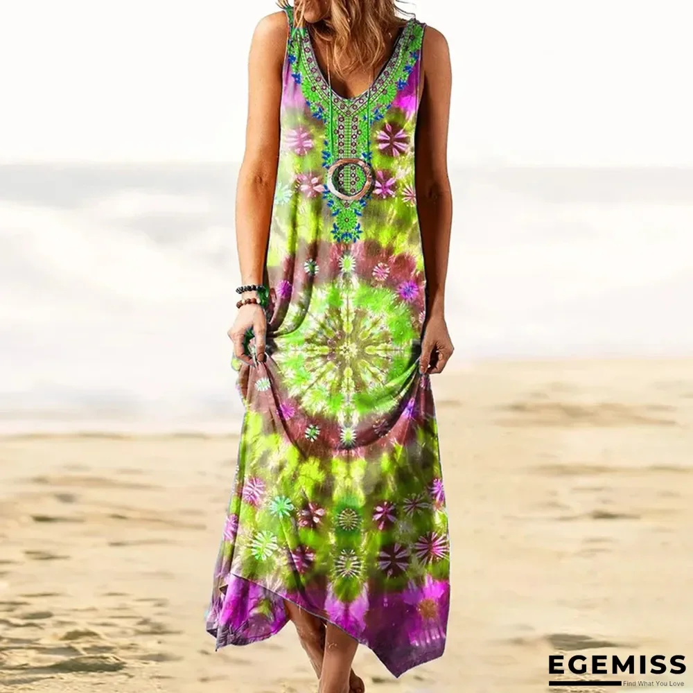 Cotton-Blend Boho V Neck A-Line Dresses | EGEMISS