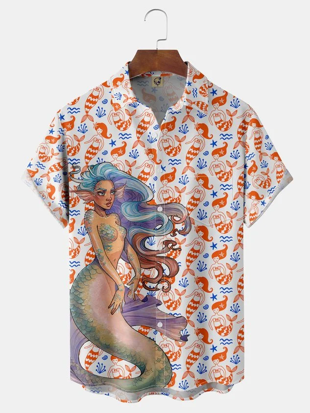 Mermaid Chest Pocket Short Sleeve Hawaiian Shirt
