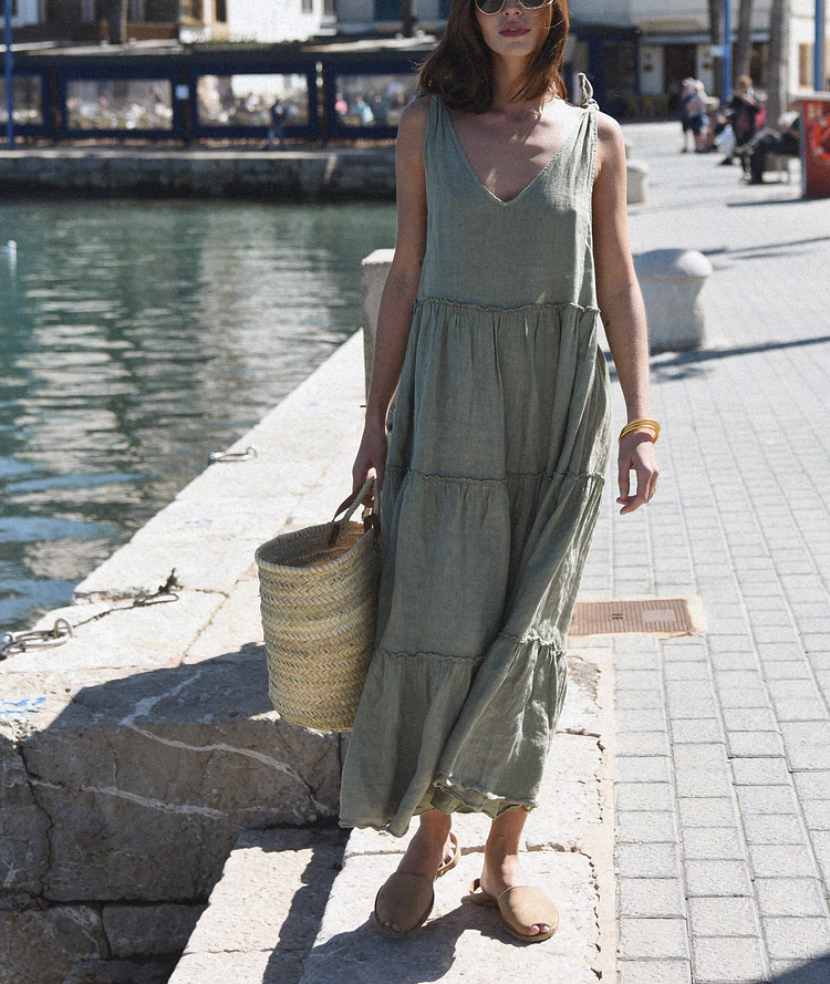 V-Neck Low Back Linen Dress