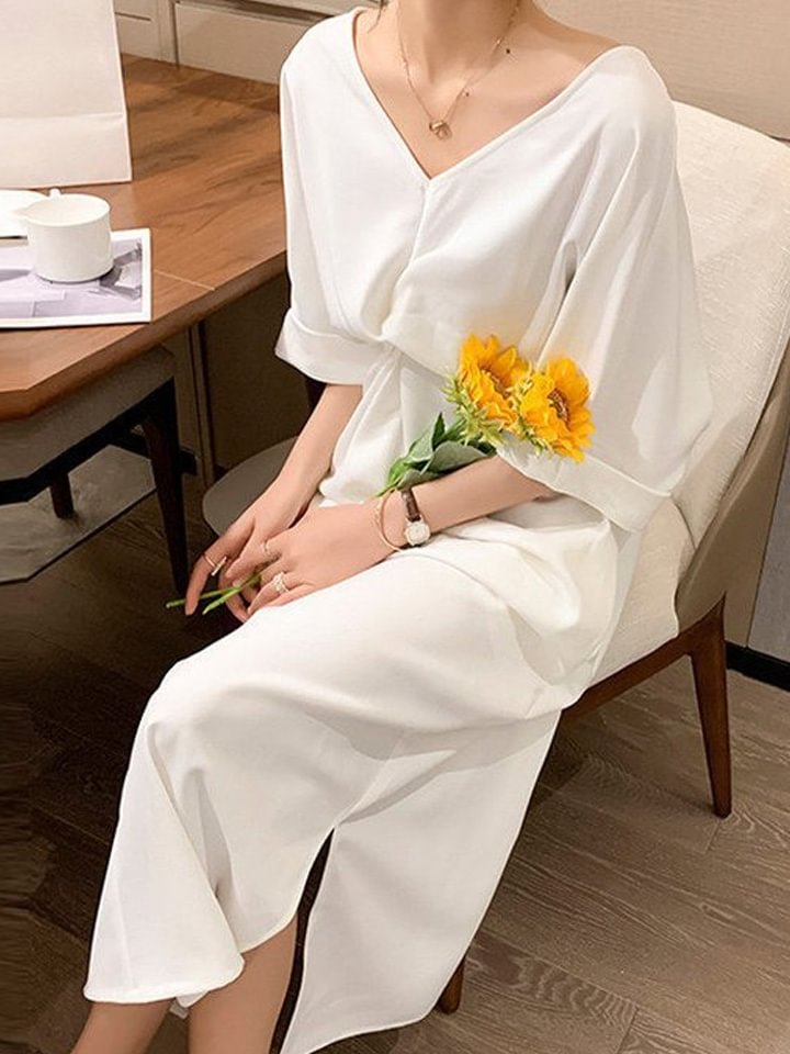 Extra-large Kinked T-shirt Skirt Loose Tibetan Meat Slim Backless V-neck Dress Wihte Dresses | EGEMISS