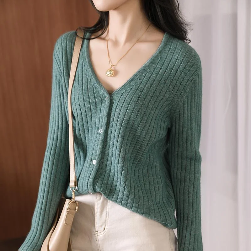 Women Cardigan Solid V-neck Loose Ribbed Knitted Sweaters Simple Single Breasted Elegant Lady Student Outwear Autumn Simple Chic