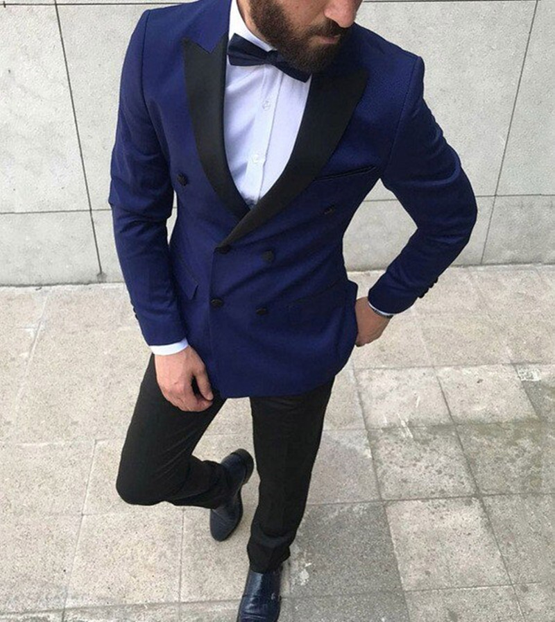 Bellasprom Elegant Double Breasted Navy Blue Peaked Lapel Suits for