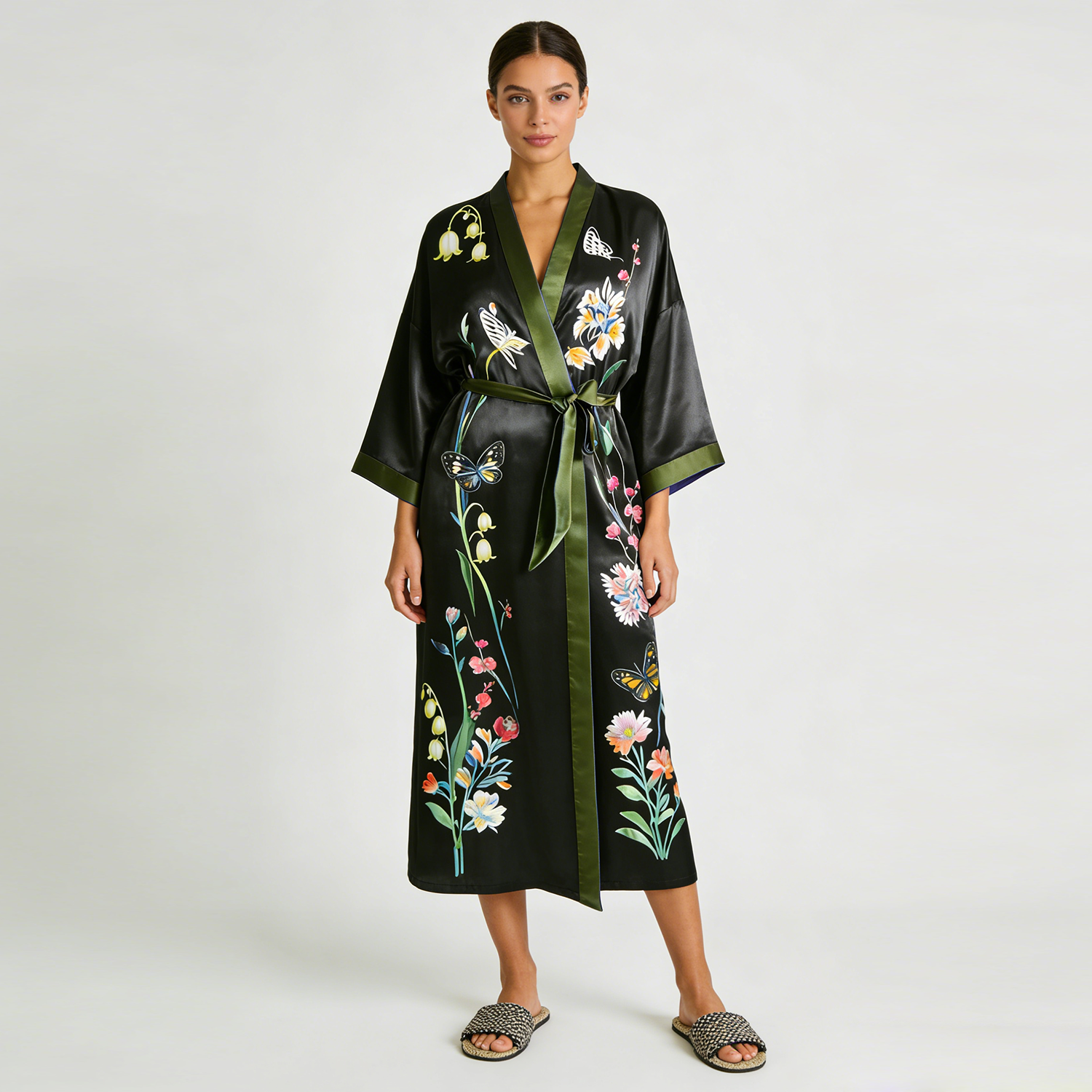 Silk Robe Women 100% Mulberry Silk Black Elegant Japanese Kimono REAL SILK LIFE