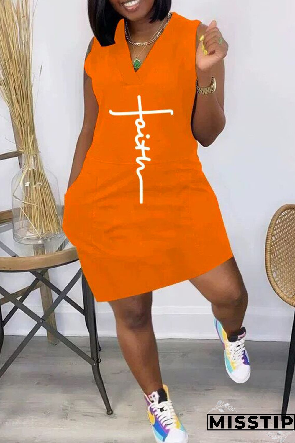 Orange Fashion Casual Print Patchwork V Neck Sleeveless Dress