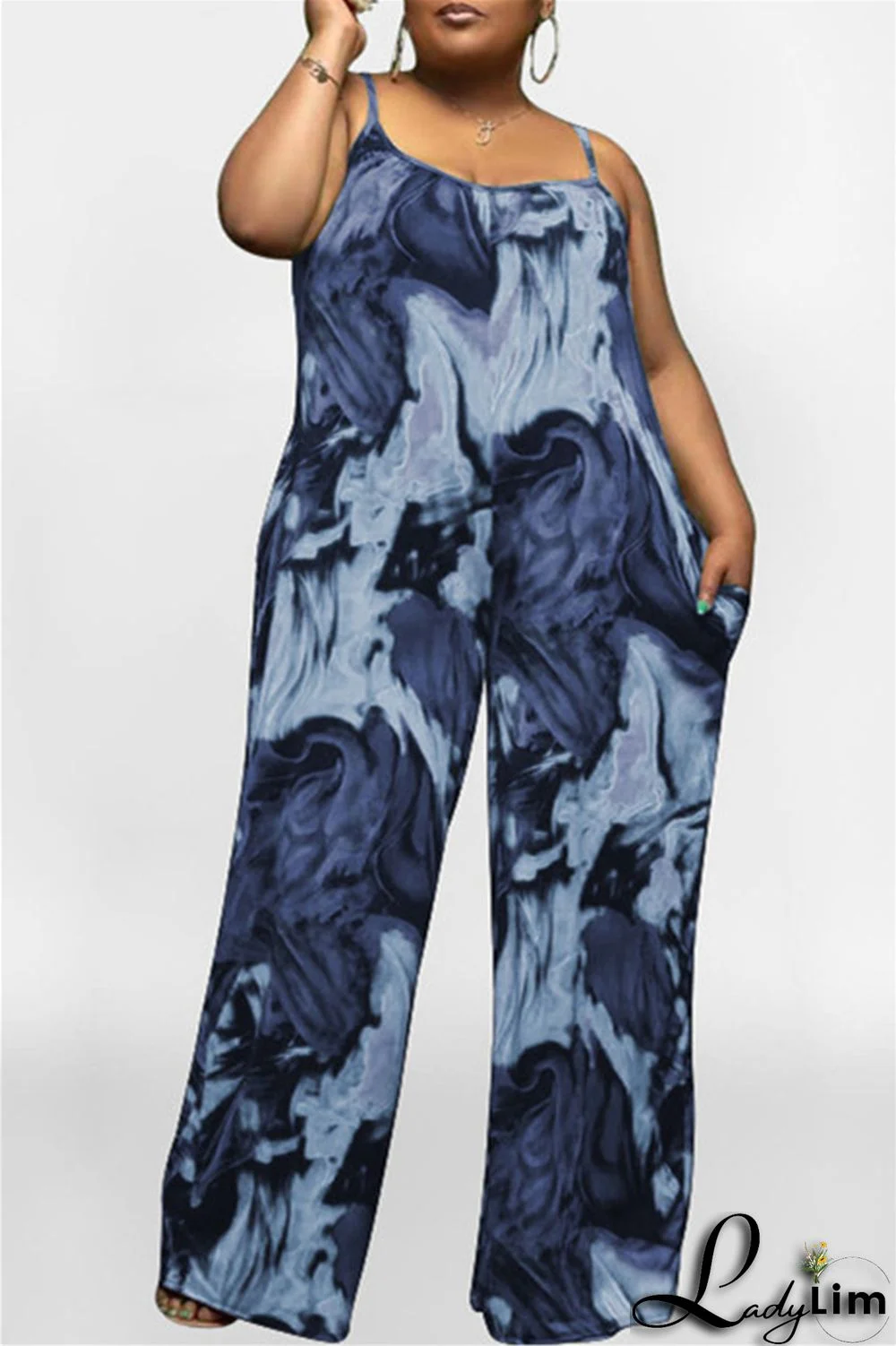 Coffee Sexy Casual Print Backless Spaghetti Strap Plus Size Jumpsuits